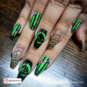 Black And Green Nail Art Designs In Coffin Shape