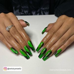 Black And Green Nails Coffin For Long Length
