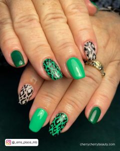 Black And Green Short Nails With Cheetah Print