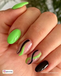 Black And Green Swirl Nails On Almond Shape