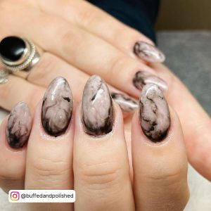 Black And Grey Marble Nails In Almond Shape