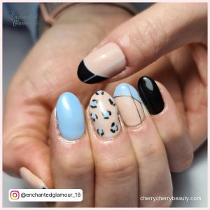 Black And Light Blue Nail Designs In Almond Shape