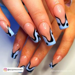 Black And Light Blue Nails In French Tip Design