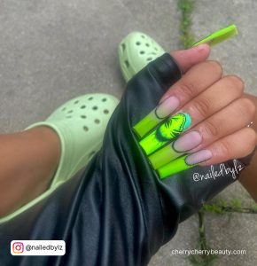 Black And Lime Green Nails In French Tip Design