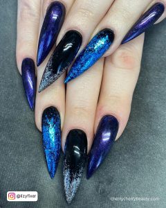 Black And Navy Blue Nails In Stiletto Shape