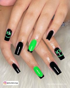 Black And Neon Green Nail Designs With Emojis