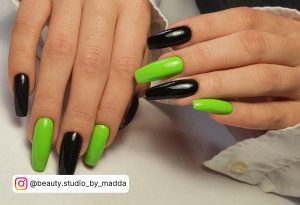Black And Neon Green Nails On Coffin Shape