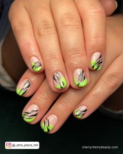 Black And Neon Green Nails With Lines