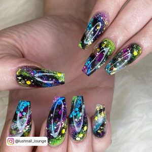 Black And Neon Nail Art In Coffin Shape
