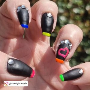 Black And Neon Nail Art In Matte Finish With Diamonds