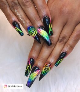 Black And Neon Nails In Coffin Shape