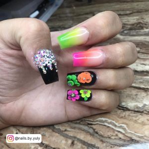 Black And Neon Ombre Nails With Diamonds