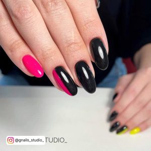 Black And Neon Pink Nails In Almond Shape