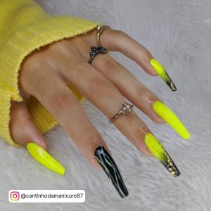 Black And Neon Yellow Nails With Ombre
