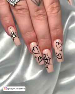 Black And Nude Coffin Nails With Webs And Hearts