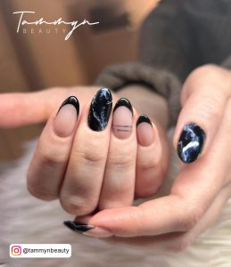 Black And Nude Marble Nails With French Tips