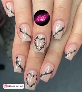 Black And Nude Short Nails With Hearts And Lines