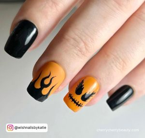 Black And Orange Coffin Nails With Flames