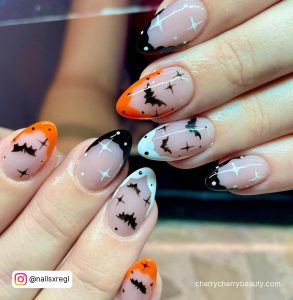 Black And Orange French Tip Nails With Bats