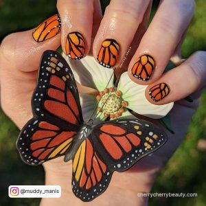 Black And Orange Nail Designs With Butterflies