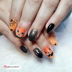 Black And Orange Pumpkin Nails With Matte Combination