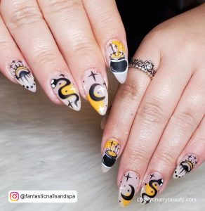 Black And Orange Stiletto Nails With Snakes