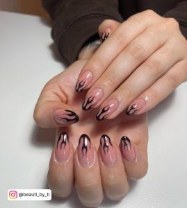 Black And Pink Flame Nails In Almond Shape