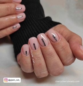 Black And Pink Glitter Nails With Lines