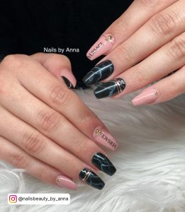 Black And Pink Marble Nails And Gold Design