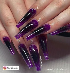 Black And Purple Acrylic Nail Designs With Glitter