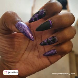Black And Purple Glitter Nails In Stiletto Shape