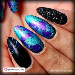 Black And Purple Glitter Nails With Galaxy Effect