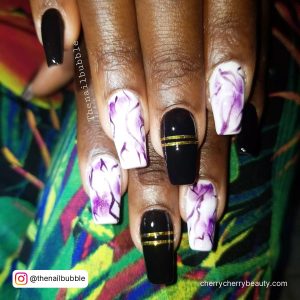 Black And Purple Marble Nails With Golden Lines
