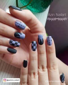Black And Purple Matte Nails With Check Pattern And Crosses