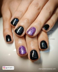 Black And Purple Sparkle Nails For Short Length