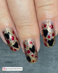 Black And Red Heart Nails With Glitter