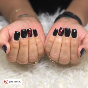 Black And Red Square Nails With Hearts