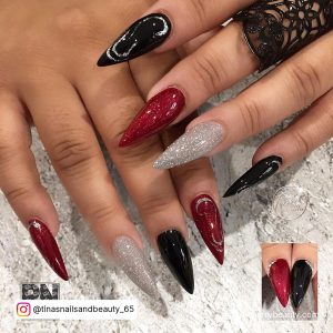 Black And Red Stiletto Nails With Glitter