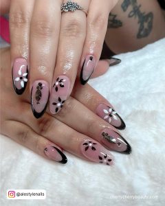 Black And White Almond Nail Designs With Flowers