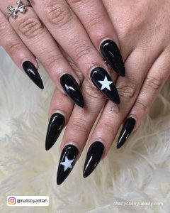 Black And White Almond Nails With Stars