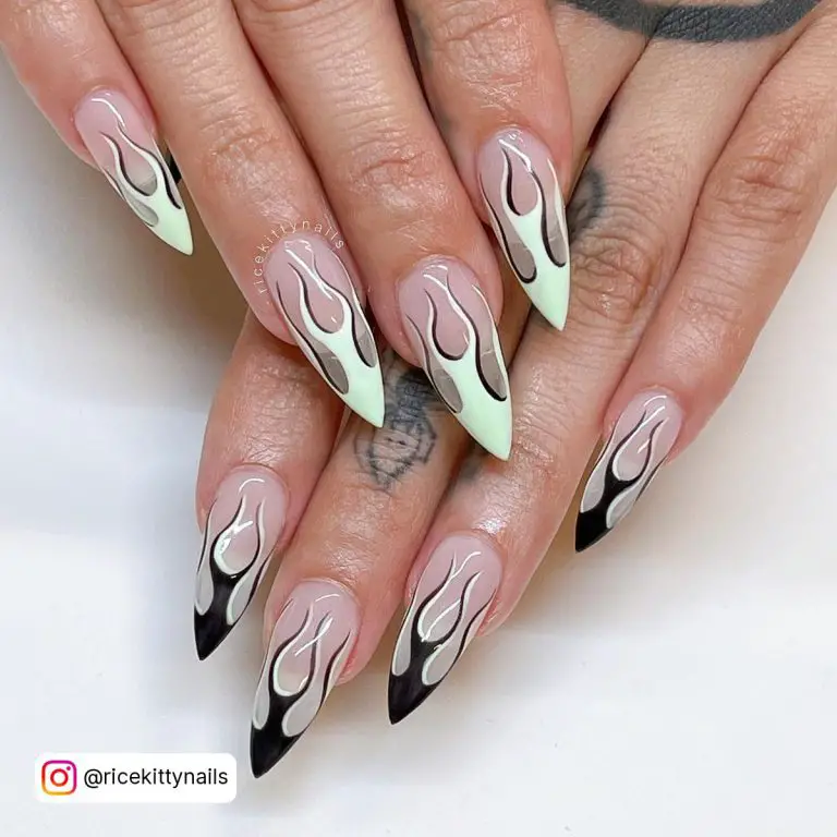 Black And White Flame Nails In Stiletto Shape