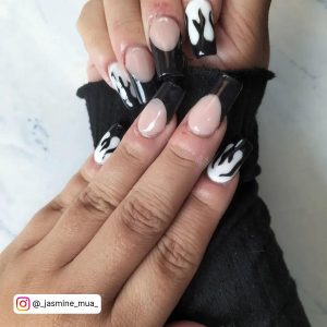 Black And White Flame Nails With French Tip Design