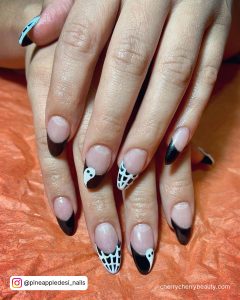 Black And White French Tip Almond Nails With Ghost And Webs