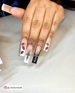 Black And White Glitter Nails With Red Lip Design