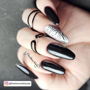Black And White Long Nail Designs In Almond Shape