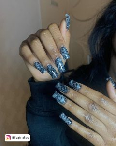 Black And White Marble Acrylic Nails In Coffin Shape