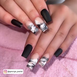 Black And White Marble Nails Coffin With Ombre Effect