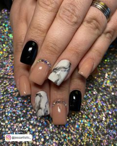 Black And White Square Nails With Diamonds