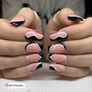 Black And White Swirl Nail Designs In Square Shape