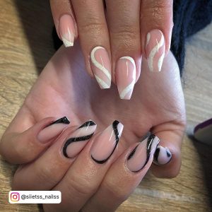 Black And White Swirl Nails In Coffin Shape